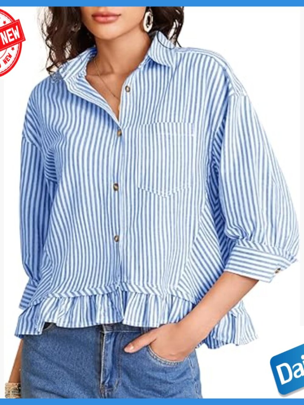 Cropped Button Down Cotton Blouse 3/4 Sleeve Ruffle Hem Striped Top